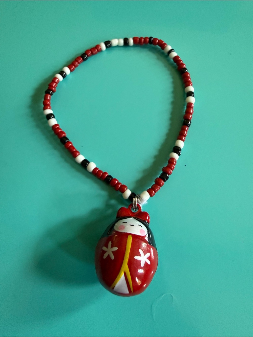 Handmade by Josie B’s Russian Doll Jingle Bell Charm Beaded Bracelet new Elastic